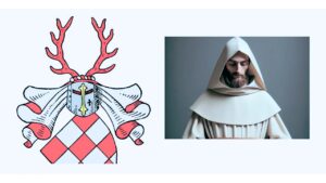 Grafikcollage: Links das historische Wappen der Grafen von Hohnstein (rot-silbern geschachtelt mit Helm und rotem Hirschgeweih als Zier), rechts daneben die künstlerische Darstellung eines Mönchs in weißer Kutte (Prämonstratenser) mit Kapuze, der den Blick gesenkt hält.