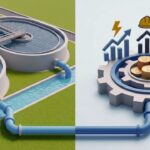 Symbolbild zur Gebührenanpassung: Eine Nahaufnahme von klarem, fließendem Wasser, das durch eine moderne Filteranlage läuft. Im Hintergrund ist unscharf eine grüne Landschaft zu erkennen. Ein dezentes, grafisch überlagertes Euro-Zeichen symbolisiert das Thema Abwassergebühren und Finanzen.