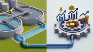 Symbolbild zur Gebührenanpassung: Eine Nahaufnahme von klarem, fließendem Wasser, das durch eine moderne Filteranlage läuft. Im Hintergrund ist unscharf eine grüne Landschaft zu erkennen. Ein dezentes, grafisch überlagertes Euro-Zeichen symbolisiert das Thema Abwassergebühren und Finanzen.