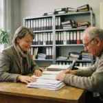 Eine Beraterin und ein Bürger sitzen sich an einem Schreibtisch in einem Büro gegenüber und schauen gemeinsam auf Dokumente während eines Beratungsgesprächs. KI