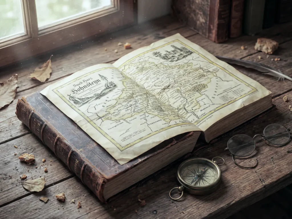 Ein alter Atlas mit Karten aus dem Südharz liegt auf einem hölzernen Tisch, daneben ein Kompass. KI.