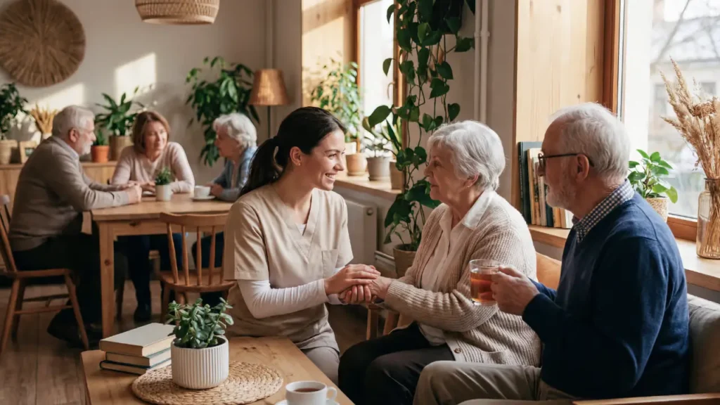 In einer gemütlichen Cafeteria sitzen eine jüngere Beraterin und ein älteres Ehepaar an einem Tisch und unterhalten sich in vertrauter Atmosphäre. Die Szene strahlt Ruhe und Unterstützung aus, symbolisch für den Austausch beim Demenzstammtisch.