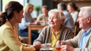 In einer gemütlichen Cafeteria sitzen eine jüngere Beraterin und ein älteres Ehepaar an einem Tisch und unterhalten sich in vertrauter Atmosphäre. Die Szene strahlt Ruhe und Unterstützung aus, symbolisch für den Austausch beim Demenzstammtisch.