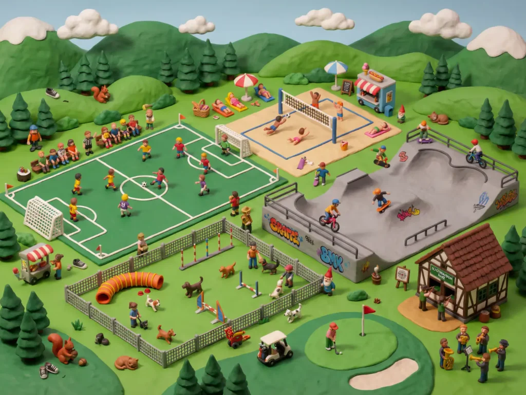 Knetfiguren-Bild als Wimmelbild, um die verschiedenen Sportangebote zu illustrieren. KI