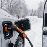 Nahaufnahme eines Ladekabels, das in einem Elektroauto steckt, während das Fahrzeug an einer öffentlichen Ladesäule aufgeladen wird; im Hintergrund eine winterliche Umgebung.