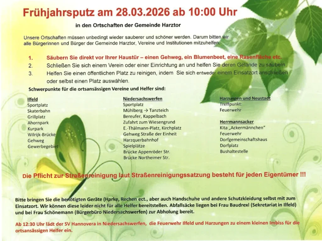 Plan für den Harztor-Putztag mit vielen Informationen