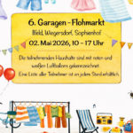 Illustration im Aquarell-Stil zum 6. Garagen-Flohmarkt in Ilfeld, Wiegersdorf und Sophienhof am 02. Mai 2026. Das Bild zeigt ein gelbes Textfeld mit den Veranstaltungsdaten, umrahmt von bunten Wimpelketten, einer Kleiderstange mit bunter Kleidung, einem blauen Fahrrad mit roten Luftballons am Lenker sowie einem Liegestuhl, einem Radio und Flohmarkt-Schätzen wie einer Vase und einem Teddybär. Eine kleine Biene fliegt am rechten Rand.