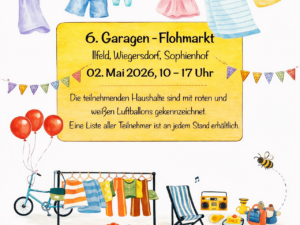 Illustration im Aquarell-Stil zum 6. Garagen-Flohmarkt in Ilfeld, Wiegersdorf und Sophienhof am 02. Mai 2026. Das Bild zeigt ein gelbes Textfeld mit den Veranstaltungsdaten, umrahmt von bunten Wimpelketten, einer Kleiderstange mit bunter Kleidung, einem blauen Fahrrad mit roten Luftballons am Lenker sowie einem Liegestuhl, einem Radio und Flohmarkt-Schätzen wie einer Vase und einem Teddybär. Eine kleine Biene fliegt am rechten Rand.
