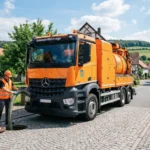 Ein moderner, orangefarbener Saugwagen einer Entsorgungsfirma steht in einer ruhigen Wohnstraße bei sonnigem Wetter. Ein Mitarbeiter in Warnweste bedient einen Schlauch, um eine Grundstückskläranlage zu entleeren. Das Bild symbolisiert die geordnete Fäkalienabfuhr in der Gemeinde.