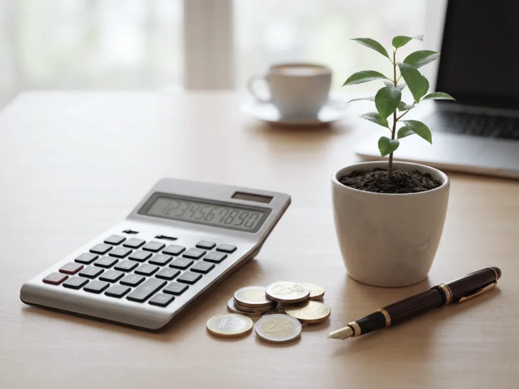Ein Taschenrechner, etwas Münzgeld und eine kleine Grünpflanze auf einem Schreibtisch. KI.