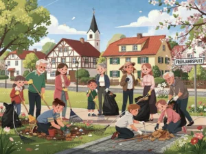 Eine freundliche, farbenfrohe Illustration einer Dorfgemeinschaft beim Fr&uuml;hjahrsputz. Menschen verschiedenen Alters r&auml;umen bei sonnigem Fr&uuml;hlingswetter gemeinsam einen Park und Gehwege auf. Sie tragen Arbeitshandschuhe und sind mit Rechen, Besen und M&uuml;lls&auml;cken ausgestattet. Im Hintergrund sind bl&uuml;hende B&auml;ume und traditionelle H&auml;user zu sehen.