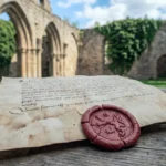 Eine alte Urkunde mit Siegel auf einem Holztisch vor dem Hintergrund einer historischen Klosterruine im Südharz. KI