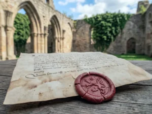 Eine alte Urkunde mit Siegel auf einem Holztisch vor dem Hintergrund einer historischen Klosterruine im Südharz. KI