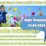 Farbenfrohes Werbeplakat für das "Große Frühlingsfest" am 25. April 2026 im Gewerbegebiet Ilfeld. Im Hintergrund ist eine sommerliche Blumenwiese unter blauem Himmel zu sehen. Zwei Comic-Superhelden-Figuren (eine Frau links, ein Mann rechts) in blauen Anzügen rahmen den Text ein. In der Mitte steht in großer, gelber Schrift "Große Frühlingsfest". Ein blauer Wolken-Button enthält den Text "Nicht Verpassen! 25.04.2026".