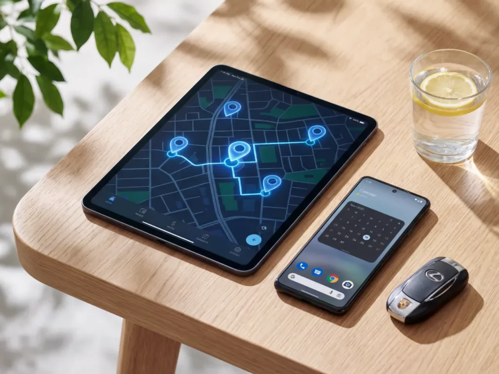 Ein Tablet, ein Smartphone und ein Autoschlüssel auf einem Holztisch. KI.