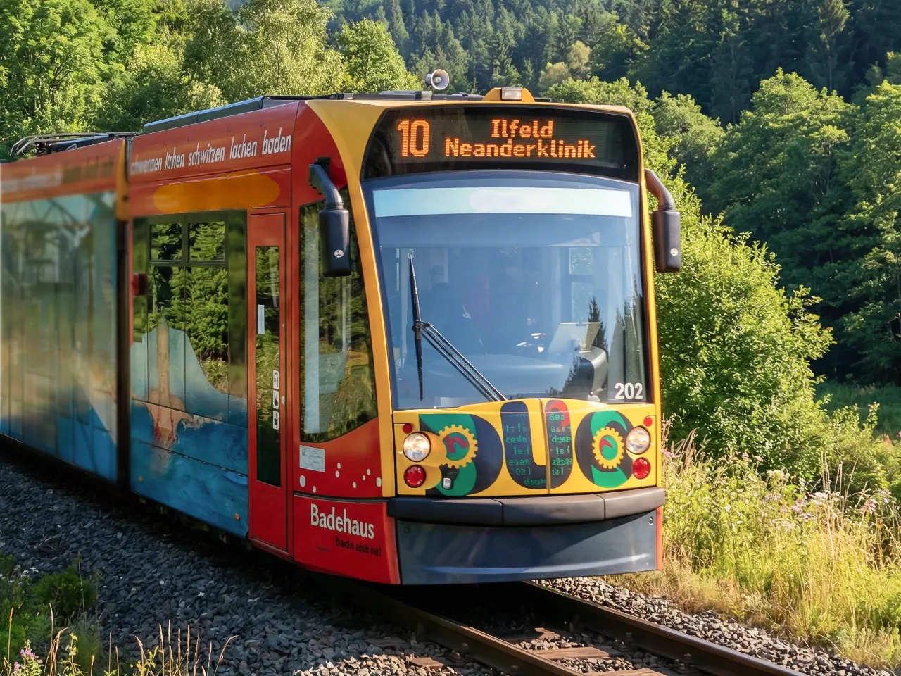 Wagen der Linie 10 der Nordhäuser Straßenbahn, auf einem Gleis in der Gemeinde Harztor. KI.