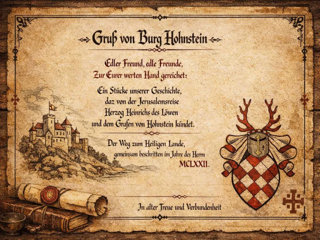 Dekorative Urkunde im mittelalterlichen Pergamentstil mit der Überschrift „Gruß von Burg Hohnstein". Der Text in altdeutscher Schrift verweist auf die Jerusalemreise Herzog Heinrichs des Löwen und des Grafen von Hohnstein im Jahr 1172 (MCLXXII). Rechts ist das Wappen der Grafen von Hohnstein mit Hirschgeweih und rot-weiß geschachtem Schild zu sehen. Links im Hintergrund eine Burgdarstellung. Das Dokument ist von Schriftrollen, einem Siegel und gotischen Verzierungen umrahmt. KI