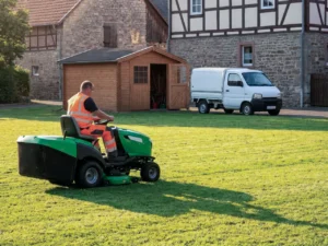 Ein Mitarbeiter des kommunalen Bauhofs in Sicherheitsweste pflegt mit einem Aufsitzrasenm&auml;her eine &ouml;ffentliche Gr&uuml;nfl&auml;che. Im Hintergrund sind ein Ger&auml;tehaus und ein Gemeindefahrzeug zu sehen. KI