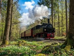 Eine historische Dampflokomotive der Harzer Schmalspurbahnen f&auml;hrt bei sonnigem Fr&uuml;hlingswetter durch die gr&uuml;ne Landschaft des S&uuml;dharzes. Wei&szlig;er Dampf steigt vor dem blauen Himmel auf. KI.