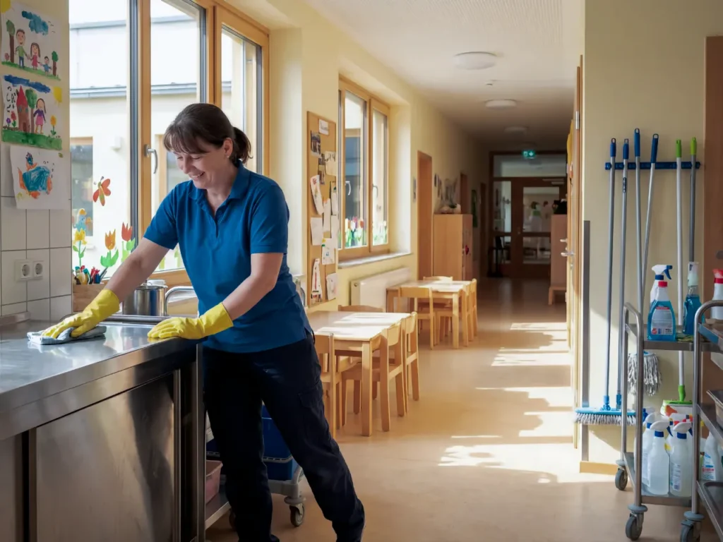 Eine Reinigungskraft in Arbeitskleidung und Schutzhandschuhen wischt in einer hellen, sauberen Kita-Küche eine Edelstahlarbeitsfläche ab. Im Hintergrund sind buntes Kindermobiliar und Reinigungsutensilien zu sehen. KI