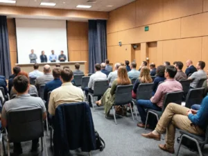 Das Bild zeigt eine gro&szlig;e Gruppe von Menschen, die in einem Konferenzraum sitzen und einer Reihe von Personen zuh&ouml;ren, die auf einer B&uuml;hne stehen. Die Personen auf der B&uuml;hne scheinen eine Pr&auml;sentation oder eine Rede zu halten. Der Raum ist gut beleuchtet und die Atmosph&auml;re scheint formell zu sein.