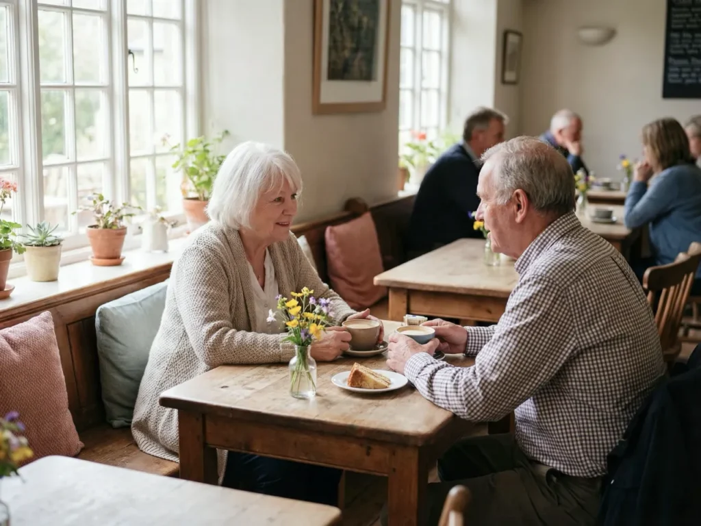 Zwei ältere Menschen sitzen sich in einem freundlich eingerichteten Café gegenüber und führen ein ruhiges, einfühlsames Gespräch bei Kaffee und Kuchen – Symbolfoto für das Trauercafé des Seniorenwerks in Nordhausen. KI