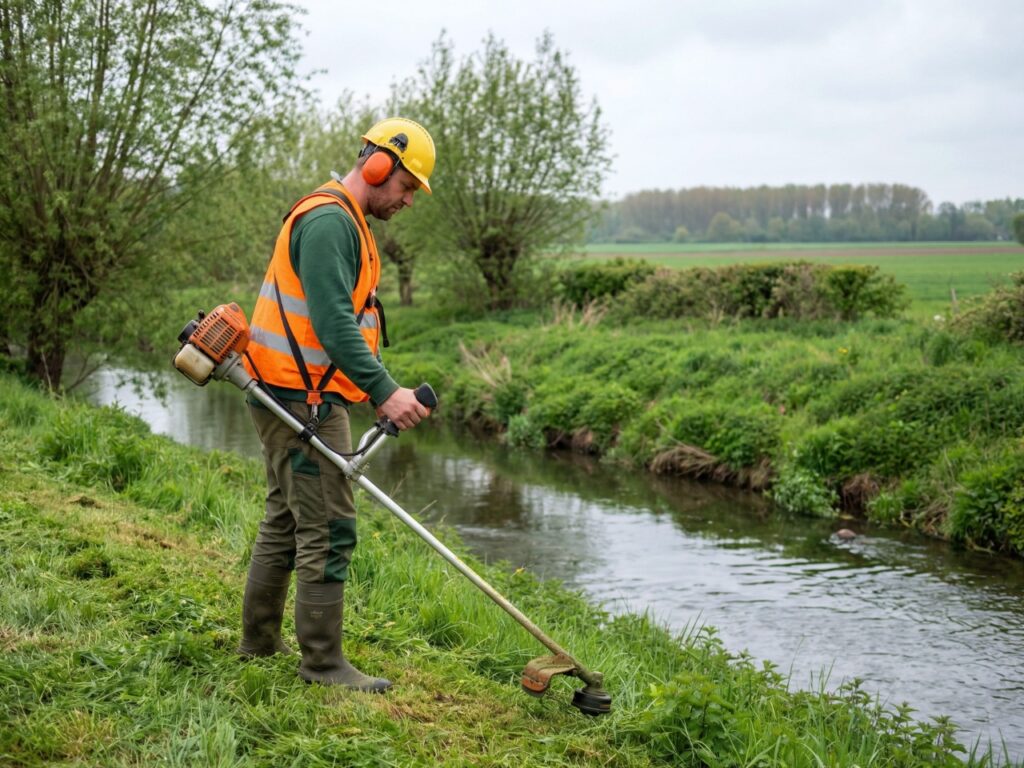 Eine Person in Warnweste und Schutzhelm führt mit einem Freischneider Mahdarbeiten an einer begrünten Flussböschung durch. Im Hintergrund fließt ein Bach durch eine sommerliche Mittelgebirgslandschaft. KI