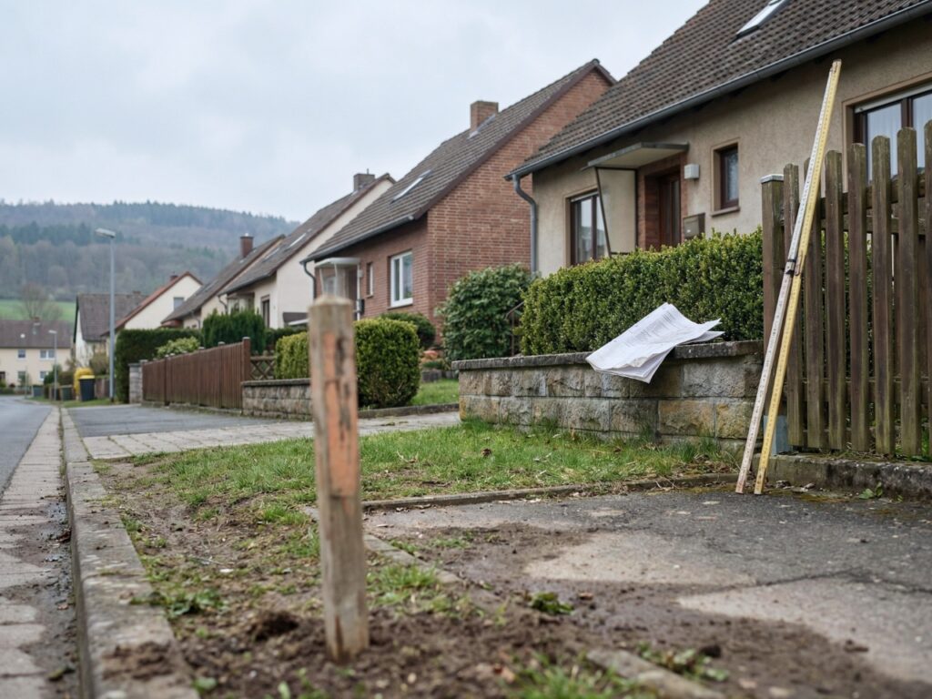 Straßenszene in einer Wohnsiedlung im Harz: Im Vordergrund ist ein frisch gesetzter Holzpflock in aufgewühlter Erde zu sehen, daneben liegt ein Zollstock an einem Holzlattenzaun. Auf einer Steinmauer liegen lose Papiere oder Baupläne. Im Hintergrund reihen sich Ein- und Zweifamilienhäuser mit Klinkerfassaden, Hecken und Vorgärten entlang einer gepflasterten Straße. Am Horizont sind bewaldete Hügel bei bedecktem Himmel zu erkennen. KI