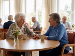 Zwei ältere Frauen sitzen an einem runden Tisch in einer hellen, freundlichen Cafeteria. Zwischen ihnen stehen Kaffeetassen und ein kleiner Blumenstrauß. Eine Frau hält die Hand der anderen. Im Hintergrund sind weitere Personen an Tischen zu erkennen. Die Atmosphäre wirkt vertraut und ruhig. KI