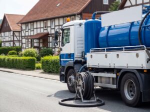 Ein blau-wei&szlig;er Saugwagen f&uuml;r die F&auml;kalienabfuhr steht auf einer ruhigen Stra&szlig;e in einem kleinen Harzdorf. Der dicke Saugschlauch liegt zusammengerollt am Boden neben dem Fahrzeug. Im Hintergrund stehen Fachwerkh&auml;user mit roten D&auml;chern und gepflegte G&auml;rten. Es ist ein sonniger Sommermorgen, der Himmel ist blau.