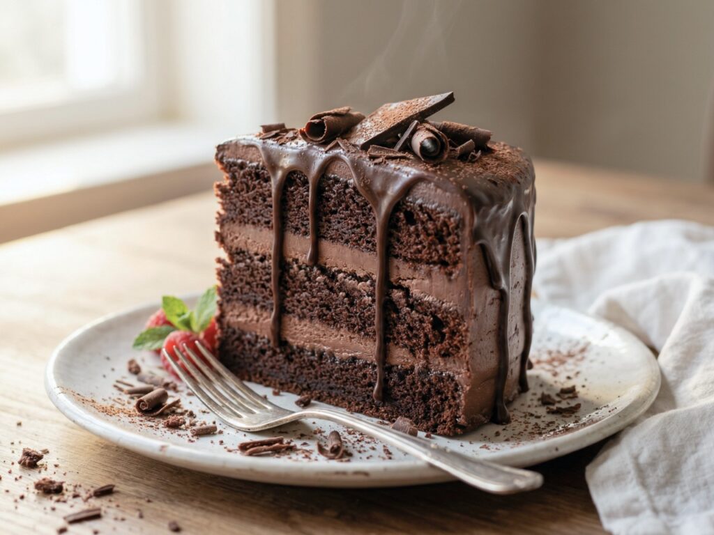 Nahaufnahme eines saftigen, dreilagigen Schokokuchens auf weißem Teller, mit glänzender Schokoladenganache, die an den Seiten herabläuft, Schokoladensplitter und Kakaopulver obenauf, daneben frische Himbeeren – appetitlich in warmem Tageslicht fotografiert.