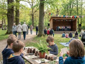 Kinder stehen an einem Holzstand im Kurpark und schauen mit einer Lupe auf Pflanzen und eine Stempelkarte. Im Hintergrund flanieren Eltern und Gro&szlig;eltern zwischen alten B&auml;umen. Weiter hinten eine kleine B&uuml;hne mit singendem Kinderchor und bunten Wimpeln. Sonniger Fr&uuml;hsommer-Nachmittag. KI.