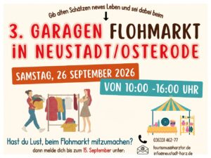 Veranstaltungsflyer "3. Garagen-Flohmarkt in Neustadt/Osterode". Heller Hintergrund mit bunter Schrift. Illustrationen zeigen zwei Personen an einem Kleiderst&auml;nder sowie einen Marktstand mit Geschirr. Datum: Samstag, 26. September 2026, von 10 bis 16 Uhr. Anmeldung bis 15. September.