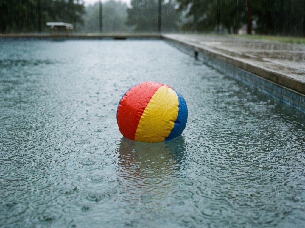 Ein Freibad-Becken an einem bewölkten, regnerischen Sommertag. Das klare Wasser ist leicht bewegt. Im Hintergrund stehen grüne Bäume und ein beleuchteter Kiosk. Das Bad wirkt ruhig, aber geöffnet.