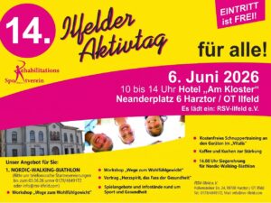 Flyer des RSV-Ilfeld e.V. f&uuml;r den 14. Ilfelder Aktivtag am 6. Juni 2026, 10 bis 14 Uhr, Hotel &bdquo;Am Kloster", Neanderplatz 6, Harztor / OT Ilfeld. Eintritt frei. Programm: Nordic-Walking-Biathlon, Workshop, Vortrag, Infost&auml;nde, Schnuppertraining. Foto des Hotels und lachender Kinder.