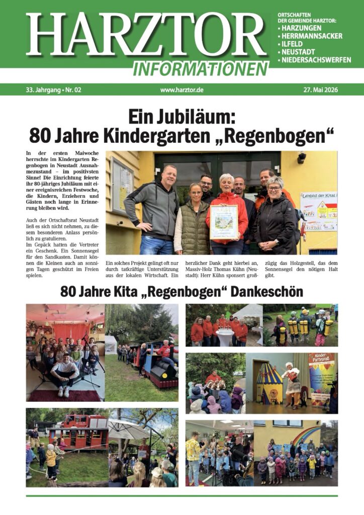Titelseite der Harztor Informationen Heft 2/2026 mit dem Aufmacher „80 Jahre Kindergarten Regenbogen". Das Titelbild zeigt Kinder beim Festakt in Neustadt. Erscheinungsdatum 27. Mai 2026, 33. Jahrgang.