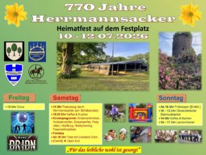 Veranstaltungsplakat &bdquo;770 Jahre Herrmannsacker &ndash; Heimatfest auf dem Festplatz, 10. bis 12. Juli 2026". Zu sehen sind Fotos vom Festplatz mit Festzelt und von der Burgruine Ebersburg mit Rosen, dazu Bilder von Ponyreiten, H&uuml;pfburg, Feuerwehr und Blasmusikern sowie das Programm f&uuml;r Freitag, Samstag und Sonntag.