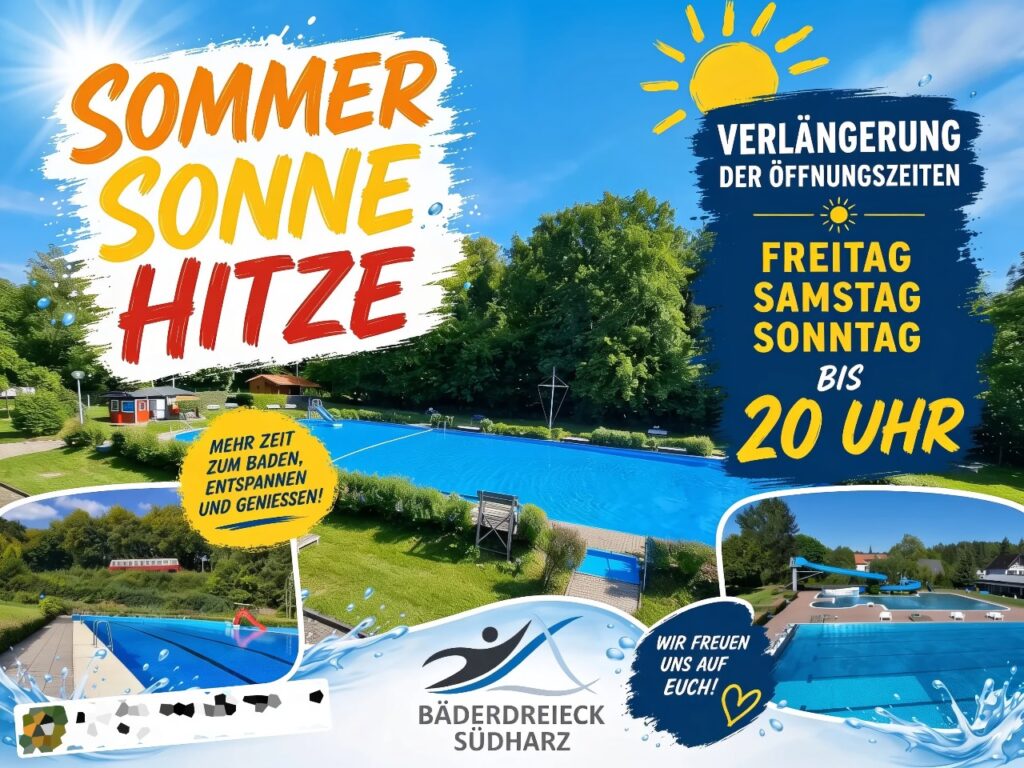 Werbegrafik der Gemeinde Harztor mit der Überschrift „Sommer Sonne Hitze". Daneben der Hinweis „Verlängerung der Öffnungszeiten – Freitag, Samstag, Sonntag bis 20 Uhr". Im Hintergrund Luftbilder von drei Freibädern mit blauem Wasser, grünen Liegewiesen und einer Wasserrutsche. Unten das Logo „Bäderdreieck Südharz" mit einem stilisierten Schwimmer.
