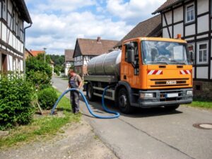 Fäkalienabfuhr in einem Dorf: Ein silberner Saugwagen mit orangefarbenem Fahrerhaus steht auf einer Dorfstraße. Ein Arbeiter bedient einen angeschlossenen blauen Schlauch. Im Hintergrund sind gepflegte Gärten, Bäume und Wohnhäuser zu sehen.