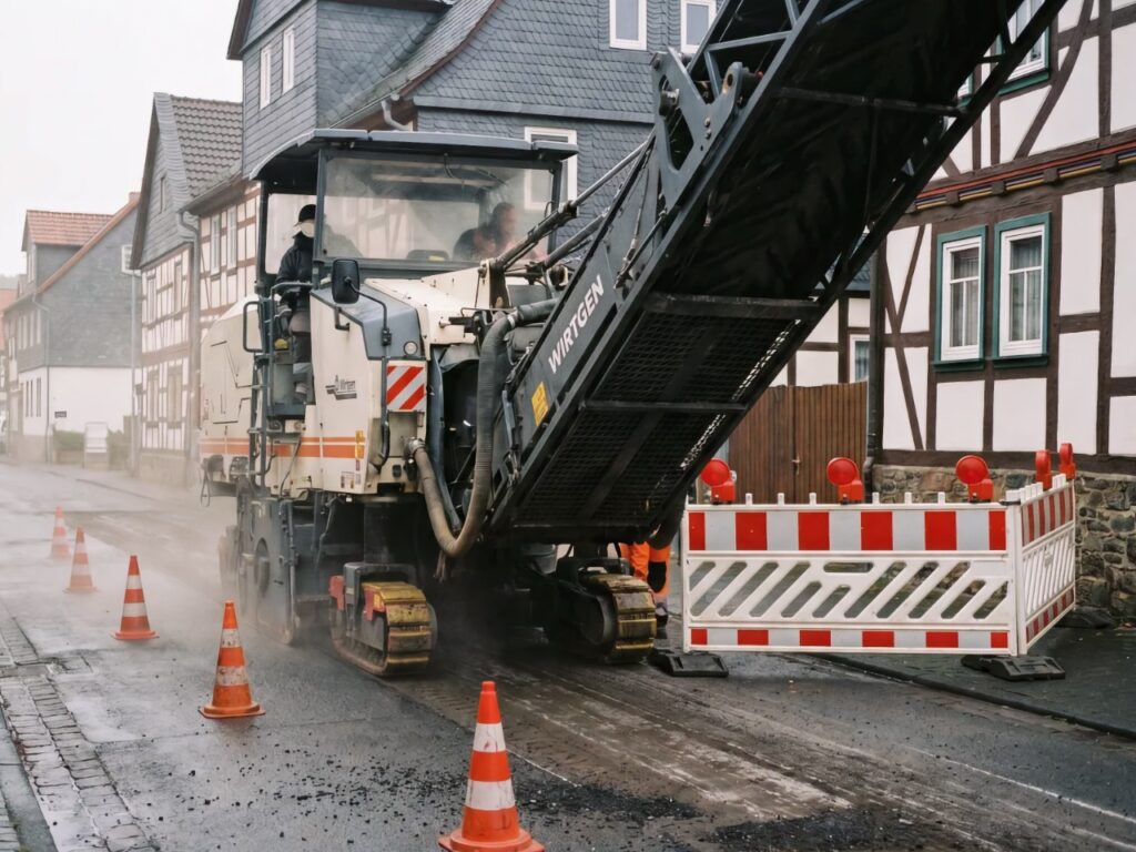 Eine Fräsmaschine bearbeitet eine Asphaltstraße in einem kleinen Ort. Am Rand stehen Warnbaken und ein Bauzaun. Es ist ein bewölkter Tag. Keine Gesichter oder Schilder sind zu erkennen. KI.