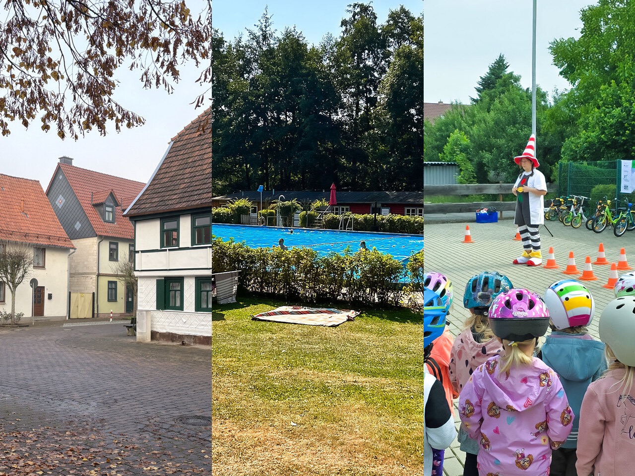 Dreigeteiltes Foto: links eine Fachwerk-Straße in Neustadt mit historischen Häusern, in der Mitte das belebte Waldbad Neustadt mit Freibad und Liegewiese, rechts Kinder mit Fahrradhelmen bei einem Verkehrssicherheits-Training der Kita Wirbelwind. Die drei Bilder zeigen zusammen Alltag, Freizeit und Bildung in Harztor.