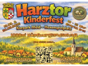 Werbeplakat „Harztor Kinderfest“ mit den Daten 19.09. und 20.09.2026 im Kurpark Ilfeld am Hexenspielplatz. Auf dem Plakat stehen die Highlights: 1.000 m² Hüpfburgenlandschaft, Gewinnspiel mit 3 Familienfreikarten für Pullman City, Eintritt frei und Uhrzeit 10 bis 18 Uhr. Unten ist ein QR-Code abgebildet.