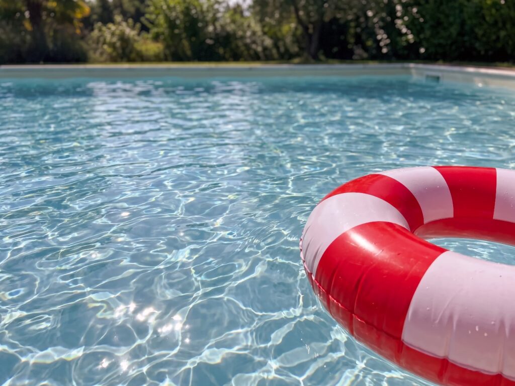 Nahaufnahme von klarem Wasser in einem Freibad. Die Sonne glitzert auf kleinen Wellen. Am Bildrand schwimmt ein rot-weißer Schwimmring, im Hintergrund sind unscharfe Bäume zu sehen. KI.