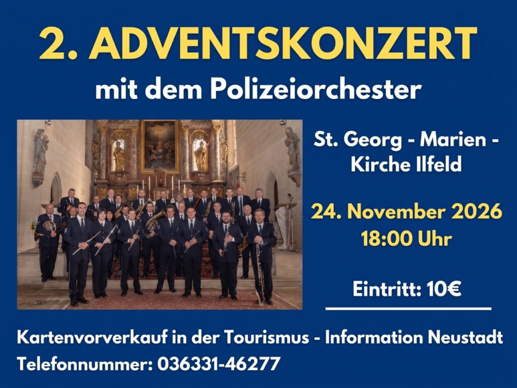 Flyer zum 2. Adventskonzert: Polizeiorchester in Uniform vor dem Altar der St. Georg-Marien-Kirche Ilfeld, daneben Termin und Eintrittspreis.