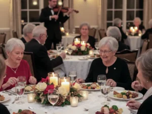 Festlich gedeckte Tische mit Kerzen und Blumenarrangements, &auml;ltere G&auml;ste beim Dinner; im Hintergrund spielt ein Geiger in schwarzem Anzug.