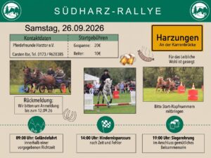 Flyer der S&uuml;dharz-Rallye 2026: Pferdefreunde Harztor e.V., Samstag 26. September in Harzungen an der Karrenbr&uuml;cke, mit Programm und Startgeb&uuml;hren.