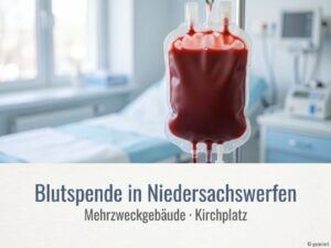 Plakat Aufruf zur Blutspende: Blutbeutel der Blutspendezentrale Nordhausen, Termin 3. November 2026 von 15 bis 19 Uhr im Mehrzweckgebäude Kirchplatz 2a in Niedersachswerfen, Logos Südharz Klinikum und DRK. KI.