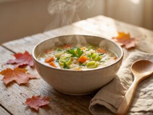 ALT: Dampfende Schüssel Reissuppe mit Gemüse und Petersilie auf einem Holztisch, daneben Ahornblätter und ein Holzlöffel. KI.