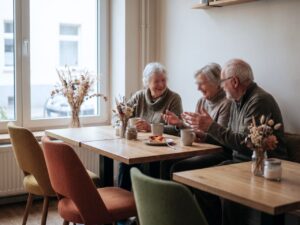 Gem&uuml;tlicher Caf&eacute;-Raum mit Holztischen und Trockenblumen-Deko, in dem mehrere &auml;ltere Menschen bei Kaffee und Kuchen miteinander ins Gespr&auml;ch vertieft sind. KI.