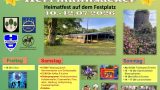 Veranstaltungsplakat „770 Jahre Herrmannsacker – Heimatfest auf dem Festplatz, 10. bis 12. Juli 2026". Zu sehen sind Fotos vom Festplatz mit Festzelt und von der Burgruine Ebersburg mit Rosen, dazu Bilder von Ponyreiten, Hüpfburg, Feuerwehr und Blasmusikern sowie das Programm für Freitag, Samstag und Sonntag.